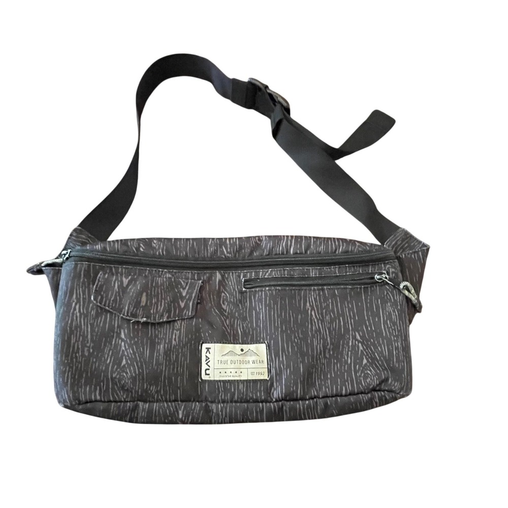 KAVU True Outdoor Wear Fanny Pack Waist Bag Wood Grain Print Charcoal Grey